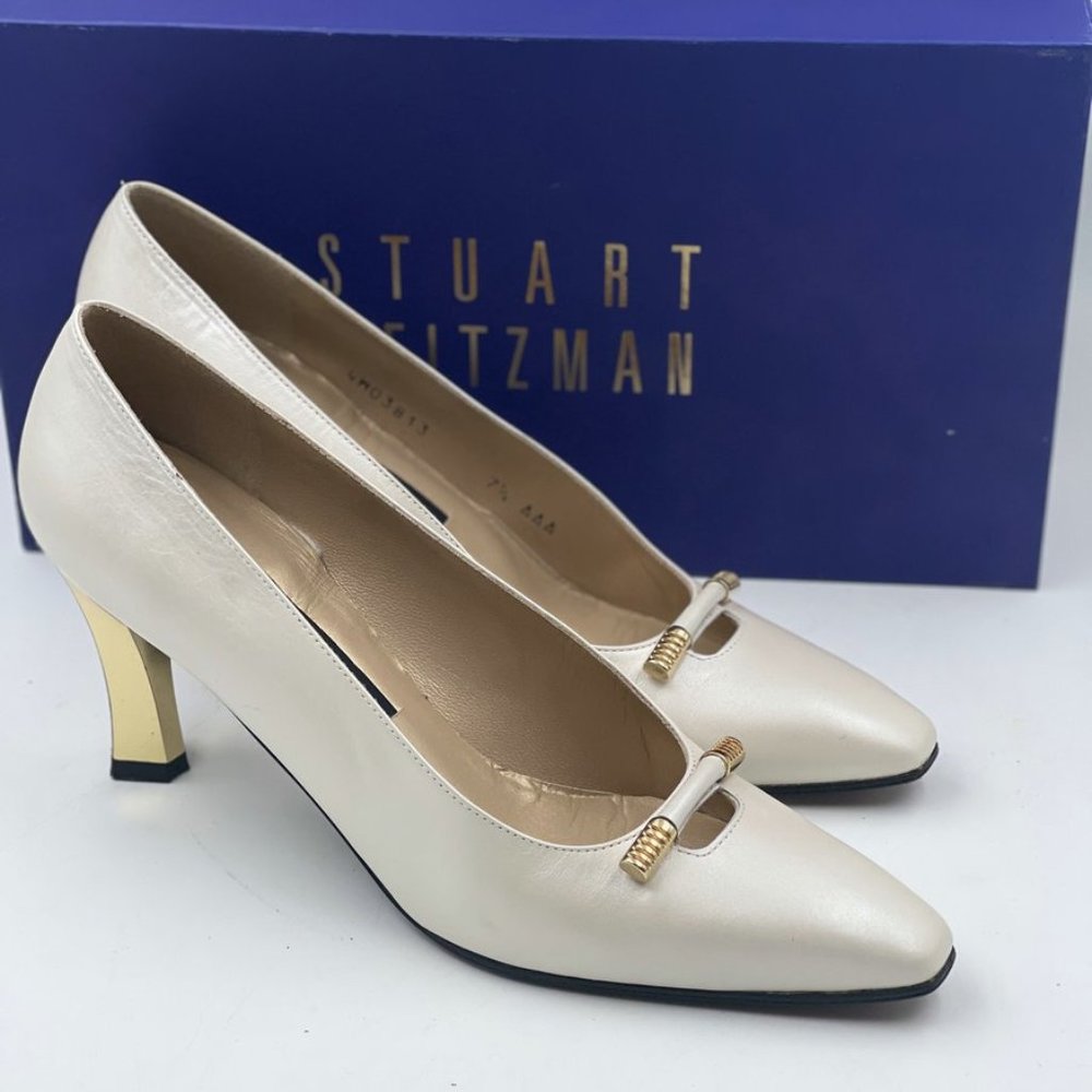 Stuart Weitzman Leather Pumps 7.5 AAA Bone Ivory Square Toe Gold Heel w/ Box
